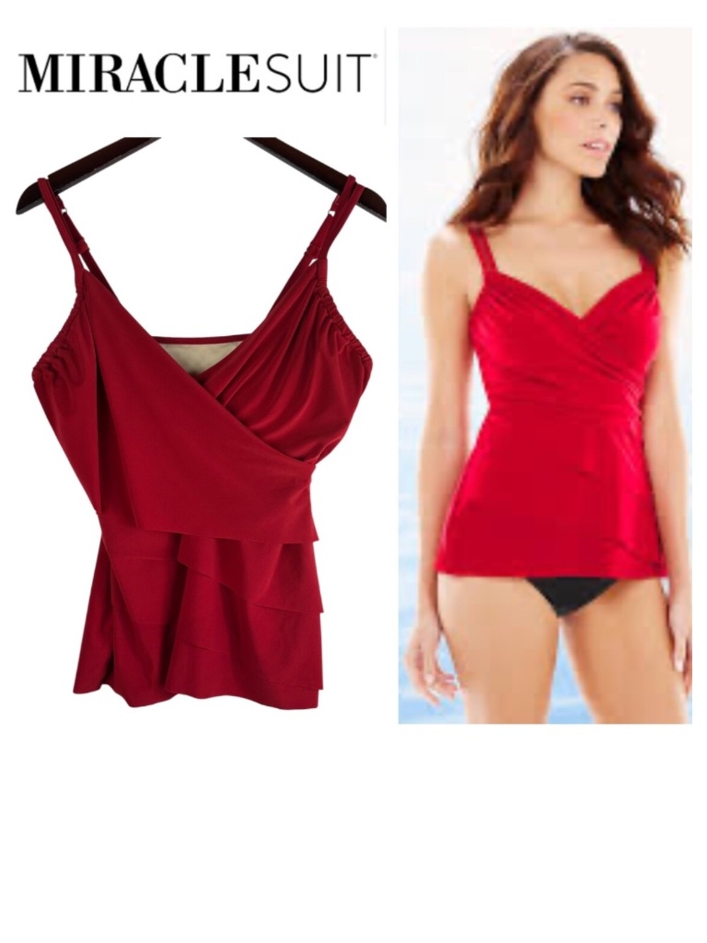 Miraclesuit Rumba Sz 10 Medium Swimsuit Top Tankini Red Slimming Ruched Cruise